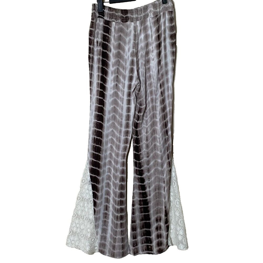 Umgee Women's Tie Dye Gauze Lace Flare Bell Bottom Boho Pants Size S Brown - Picture 1 of 9